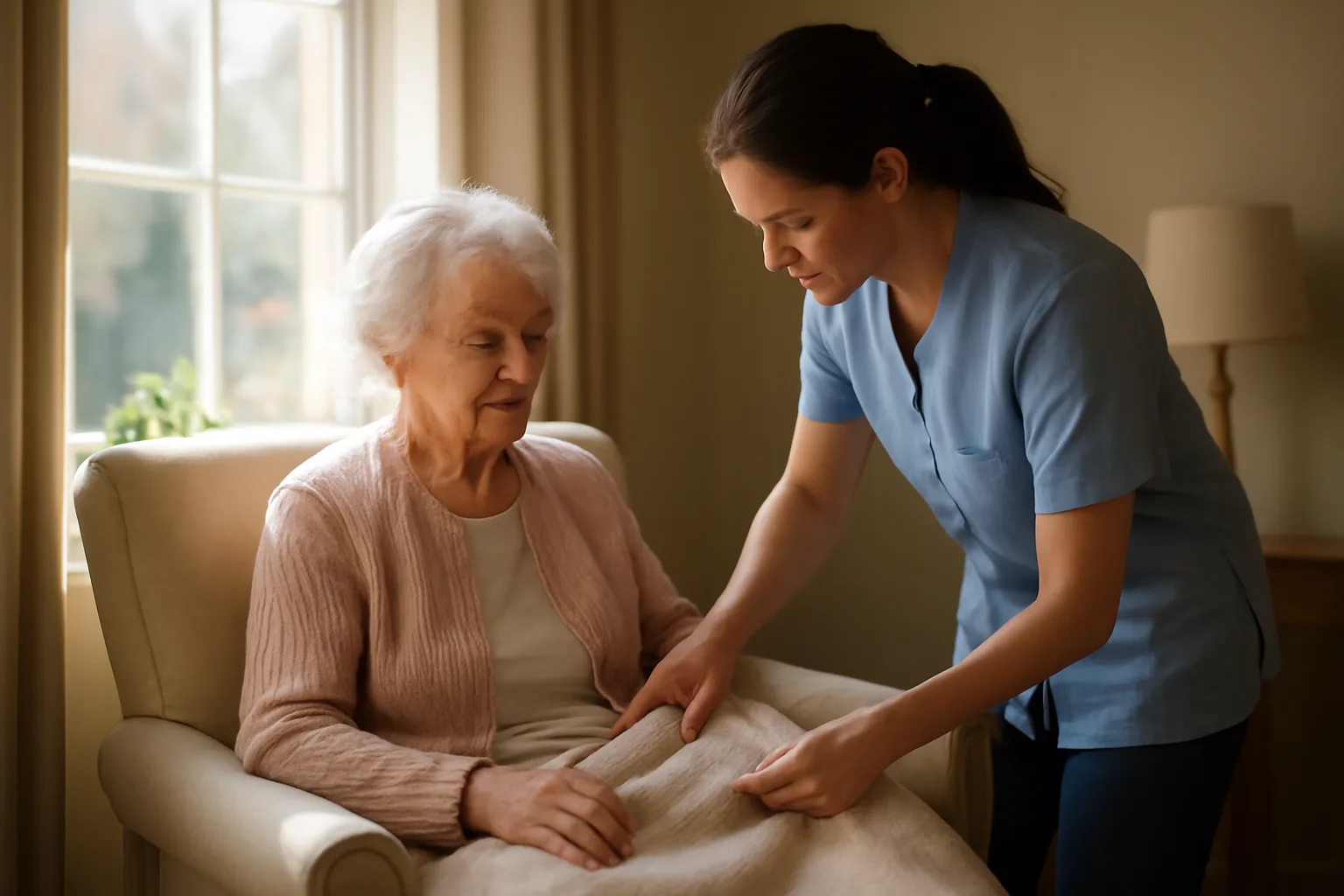 Caregiver adjusting a blanket for an elderly woman in a sunlit elder care home living room