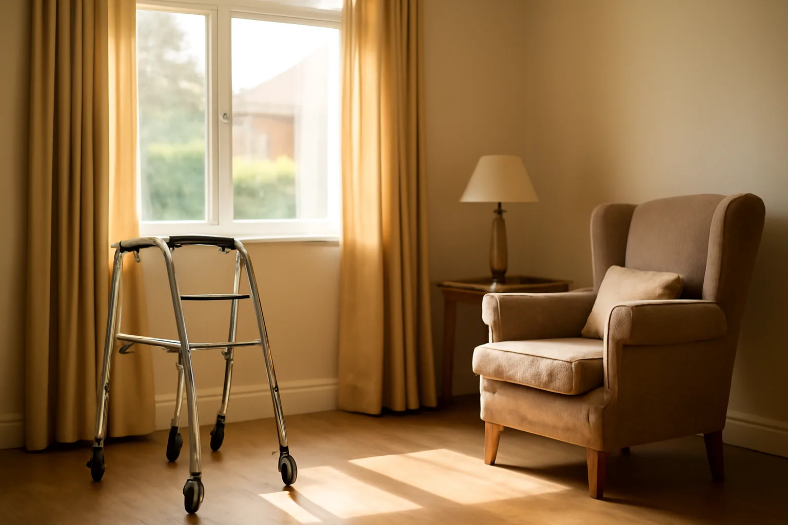 Sunlit living room in a residential assisted living or group home setting