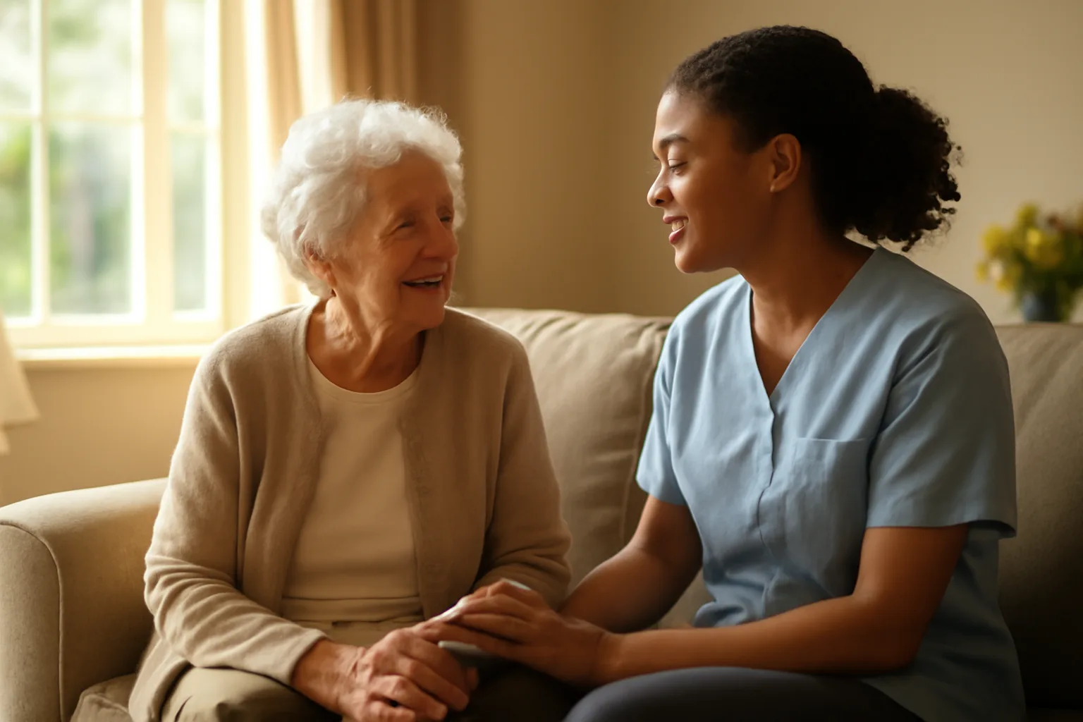 Caregiver and elderly resident talking in the living room of a small residential care home