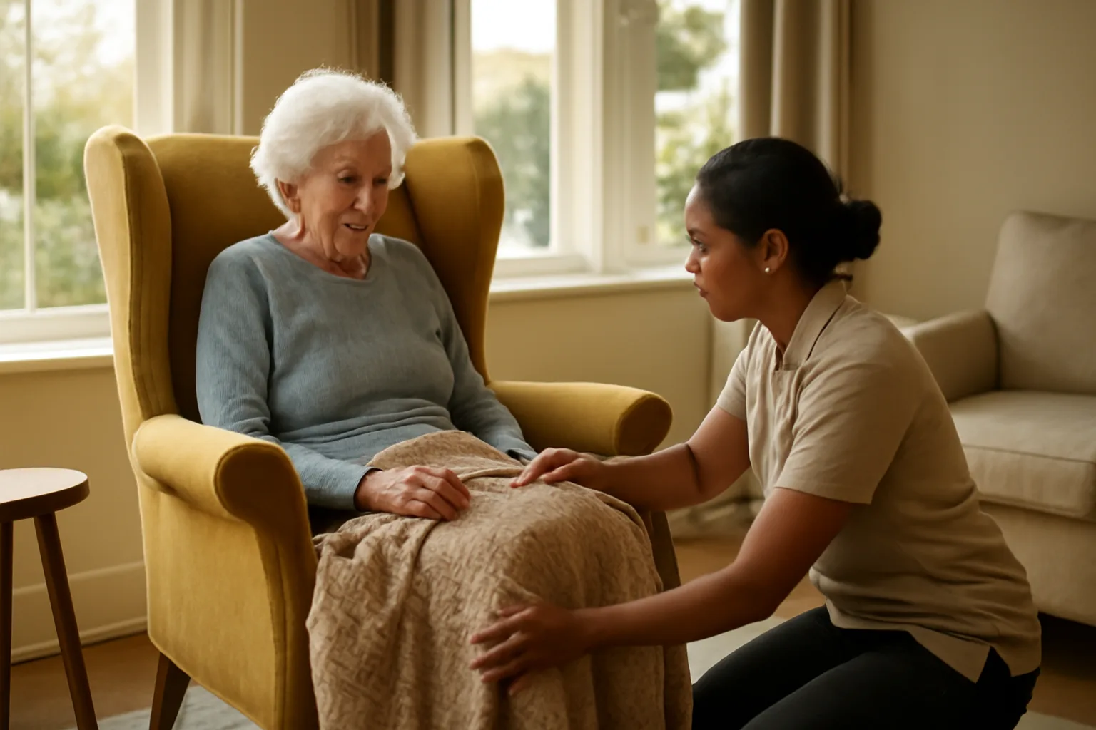 Caregiver adjusting a blanket for a senior resident inside an elderly care home sitting room