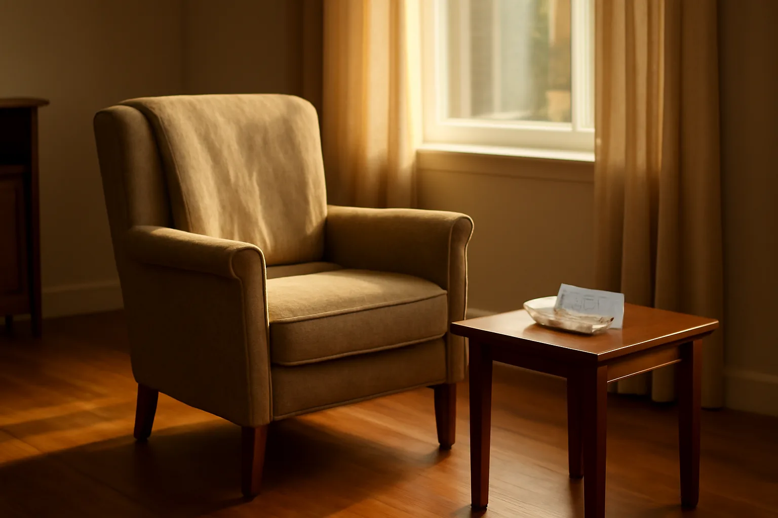 Sunlit living room in a Florida assisted living facility with an empty armchair and medication organizer
