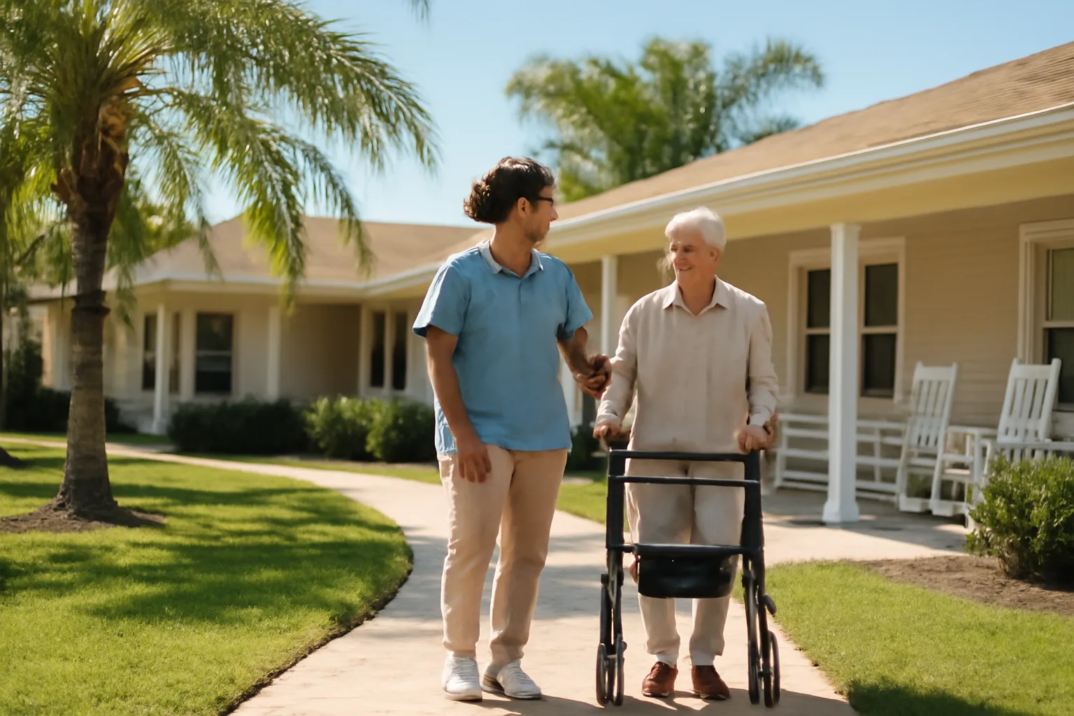 Florida assisted living facility exterior with porch, palm trees, and caregiver walking with a resident
