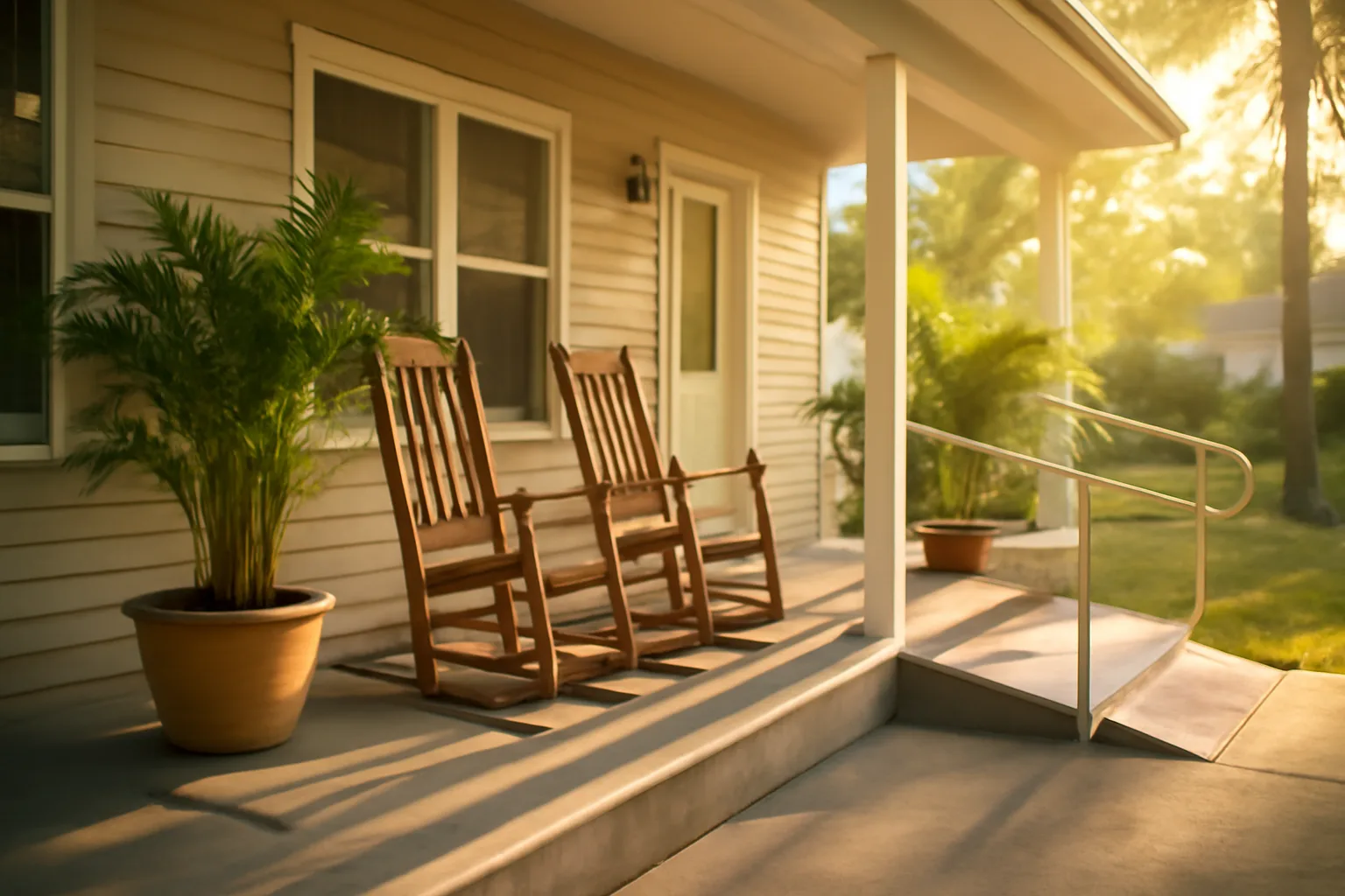 Front porch of a licensed Florida assisted living facility with ramp and rocking chairs