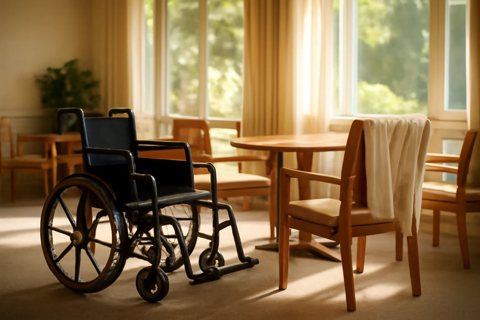 Sunlit common room in a Florida assisted living facility showing the residential, non-clinical setting