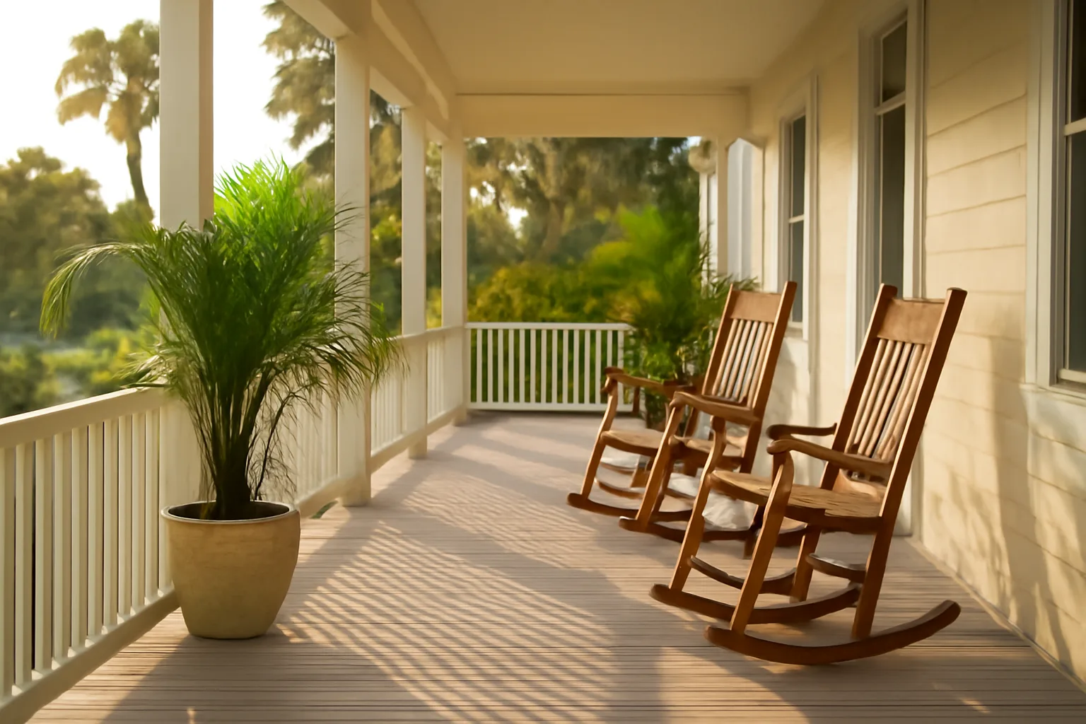 Sunny porch of a Florida assisted living facility with rocking chairs and palms