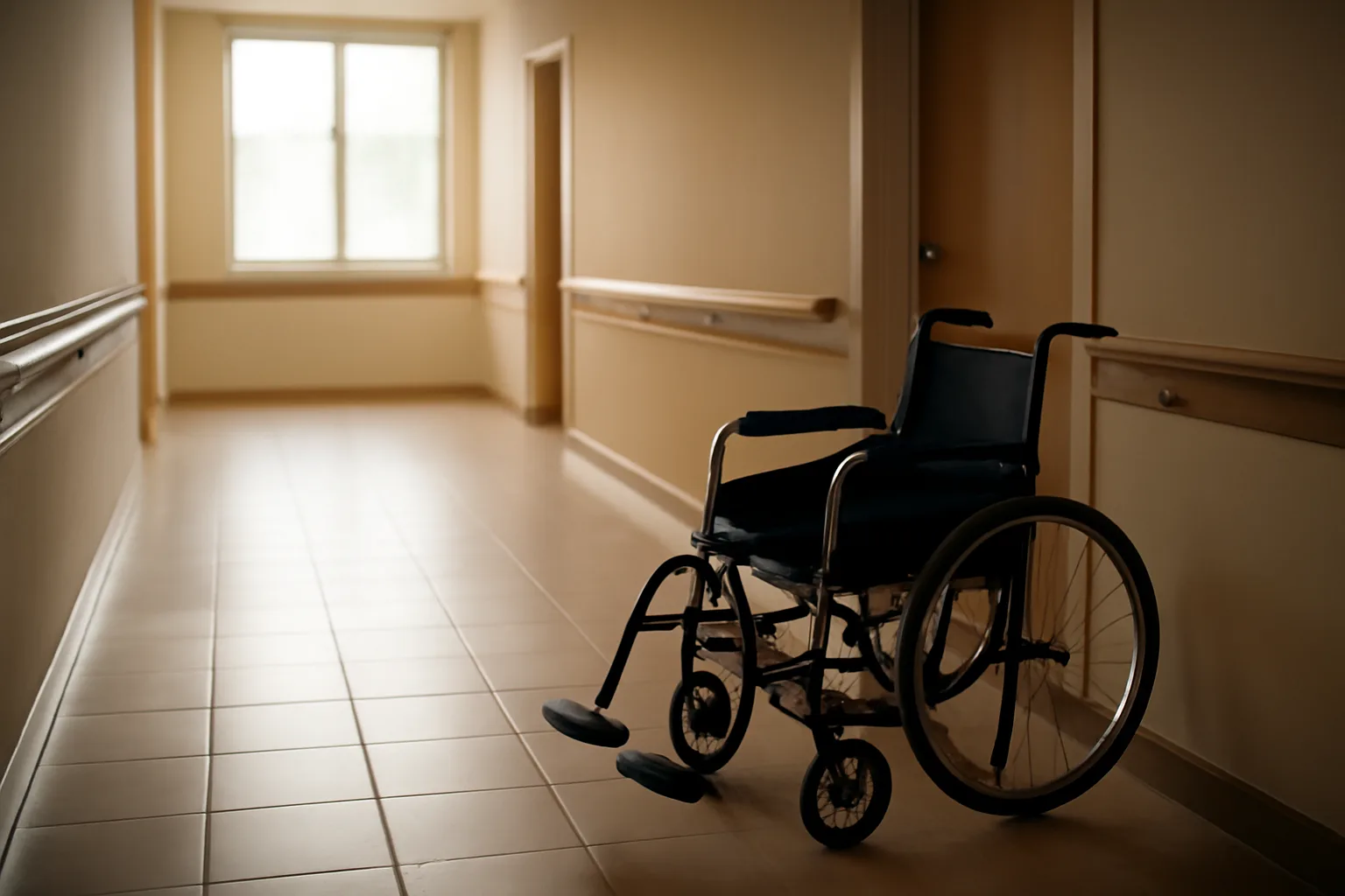 Sunlit hallway inside an assisted living facility with handrail and empty wheelchair