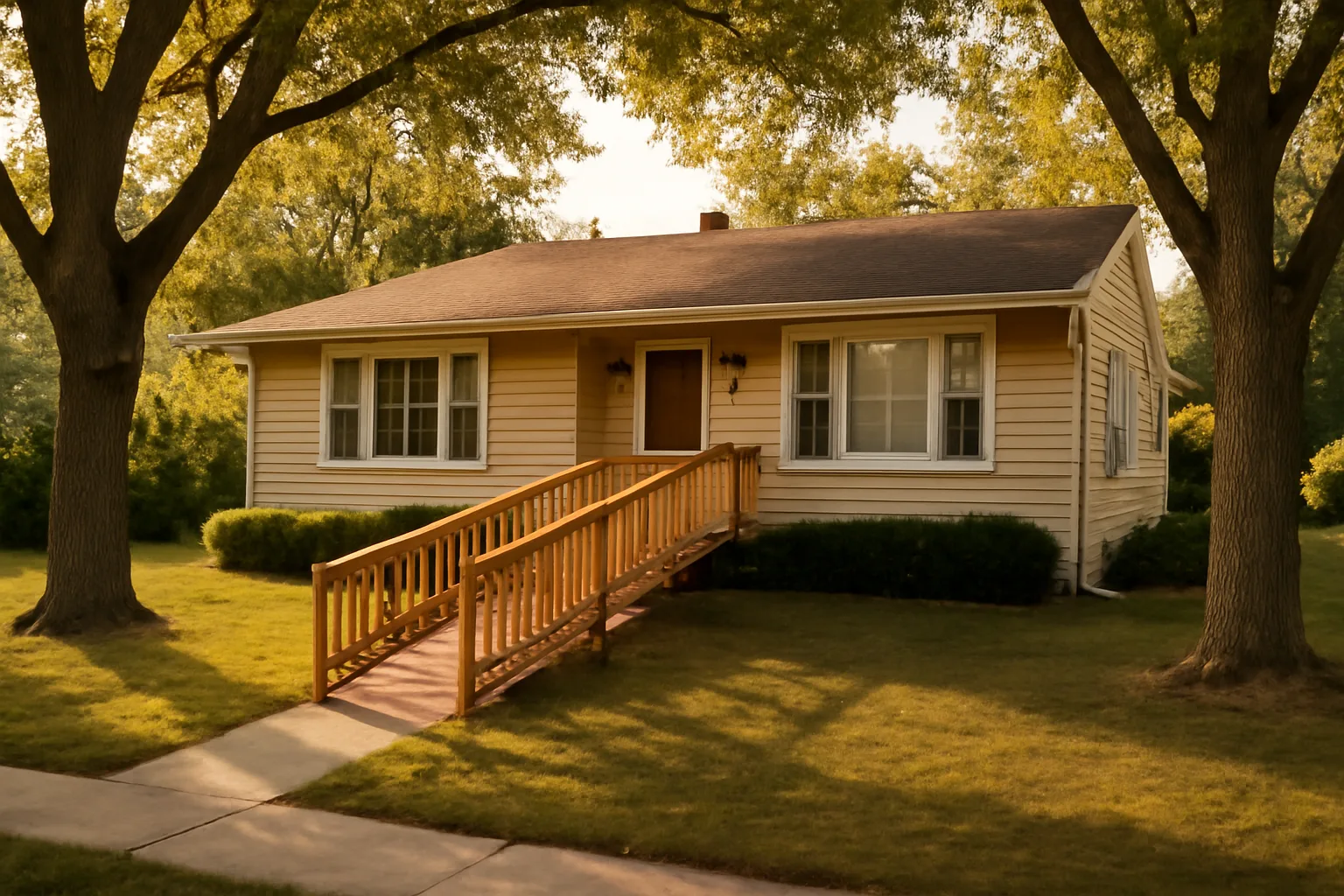 Suburban house exterior with wheelchair ramp representing a licensed group home property