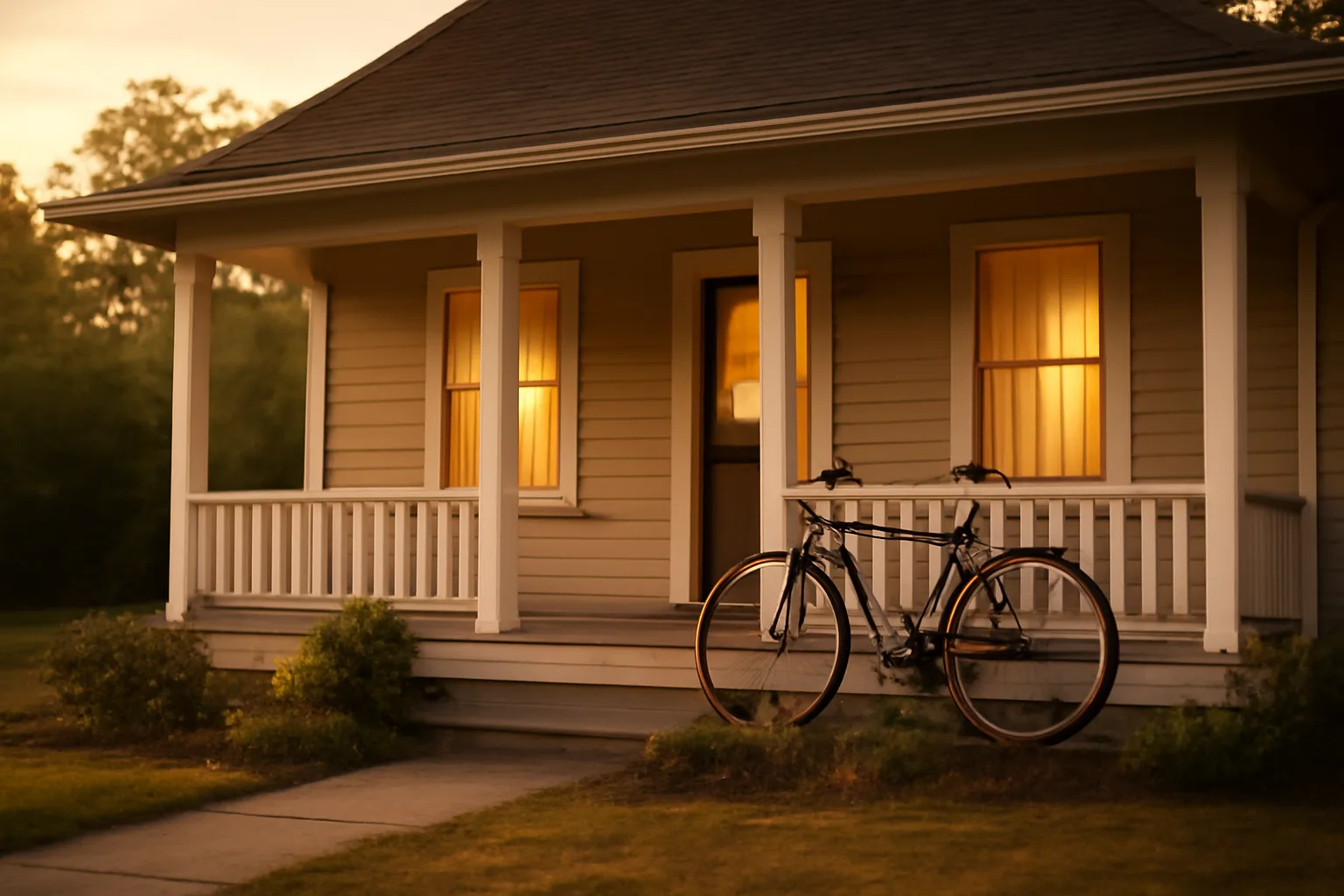 Residential house exterior representing a licensed foster care home at dusk