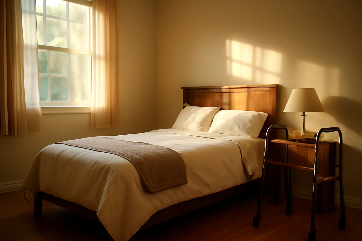 Sunlit bedroom in a residential care home with a bed and walker, no people visible