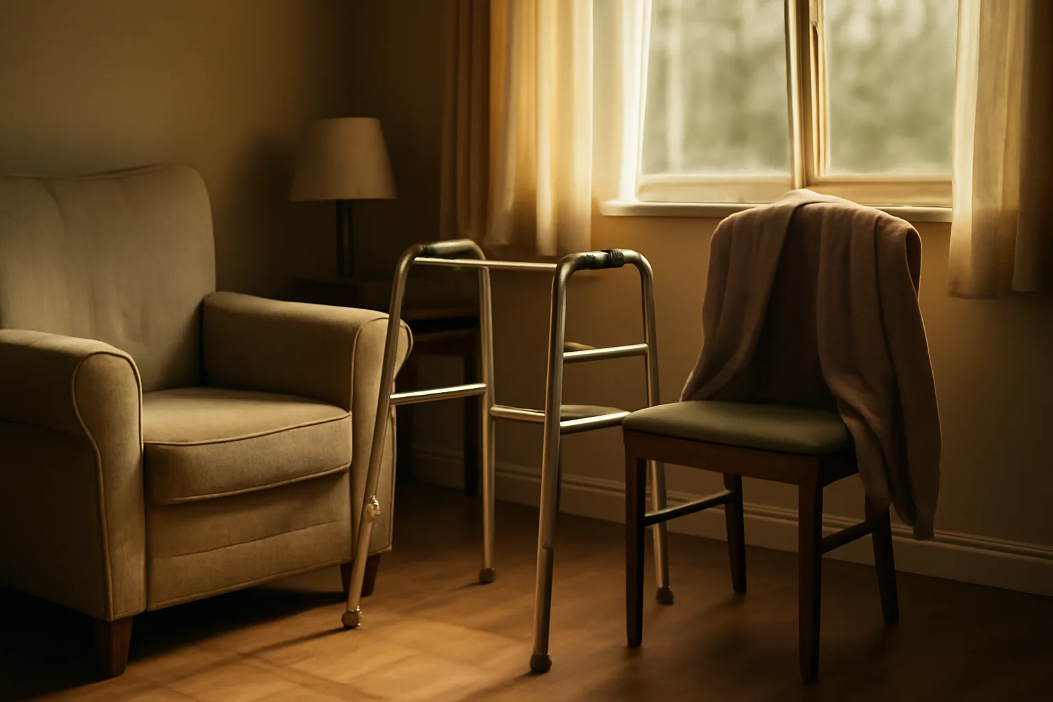 Sunlit living room in a small residential foster care home with an empty armchair and walker