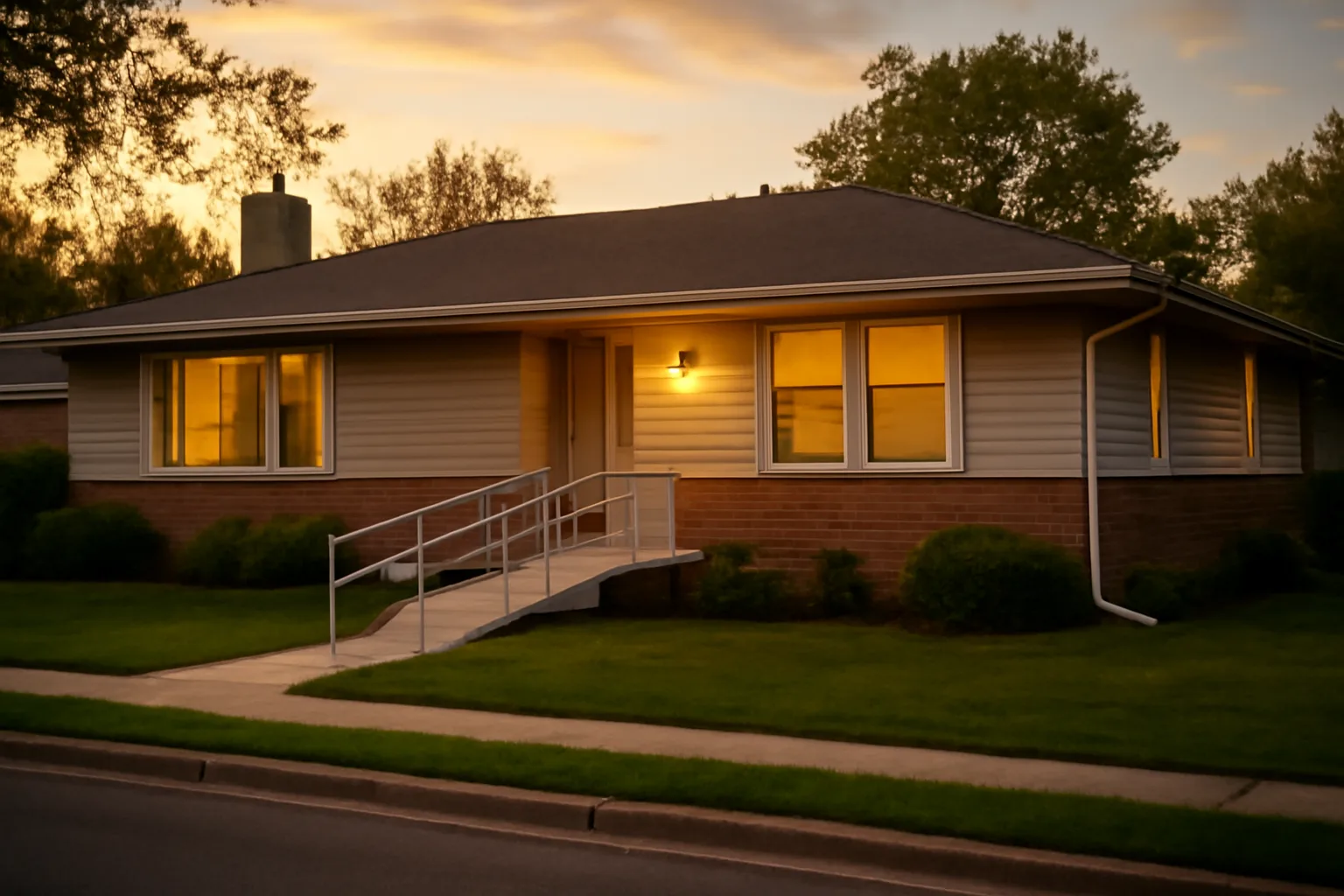 Suburban single-family home converted for residential assisted living with a visible wheelchair ramp