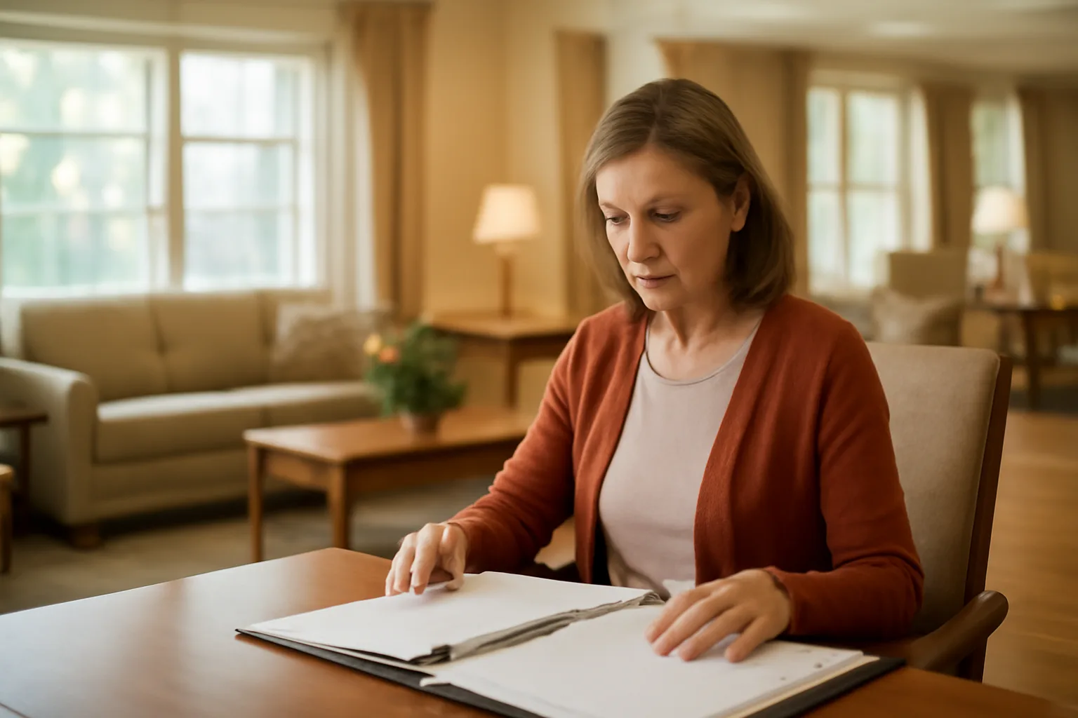 Assisted living administrator reviewing training records in a Georgia community common room