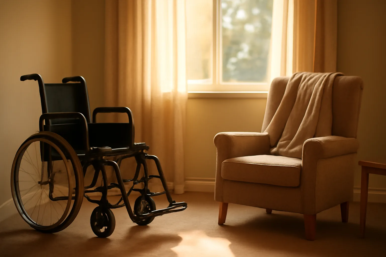 Sunlit living room in a Georgia residential care home with an empty wheelchair by an armchair