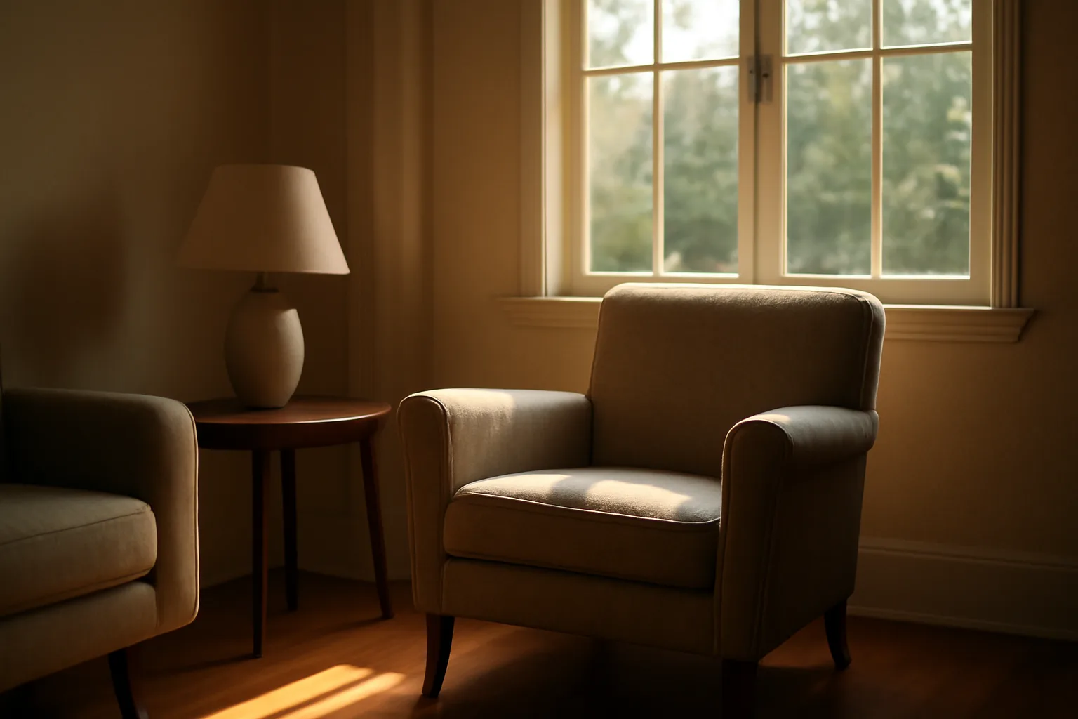 Sunlit living room in a converted residential assisted living home, empty armchair by window
