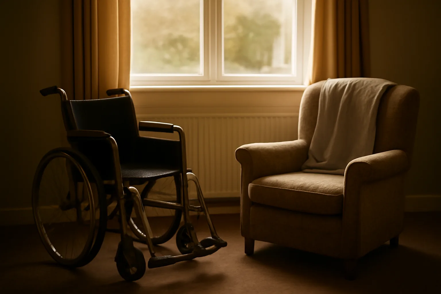 Sunlit living room in a small residential assisted living home with an empty armchair and wheelchair