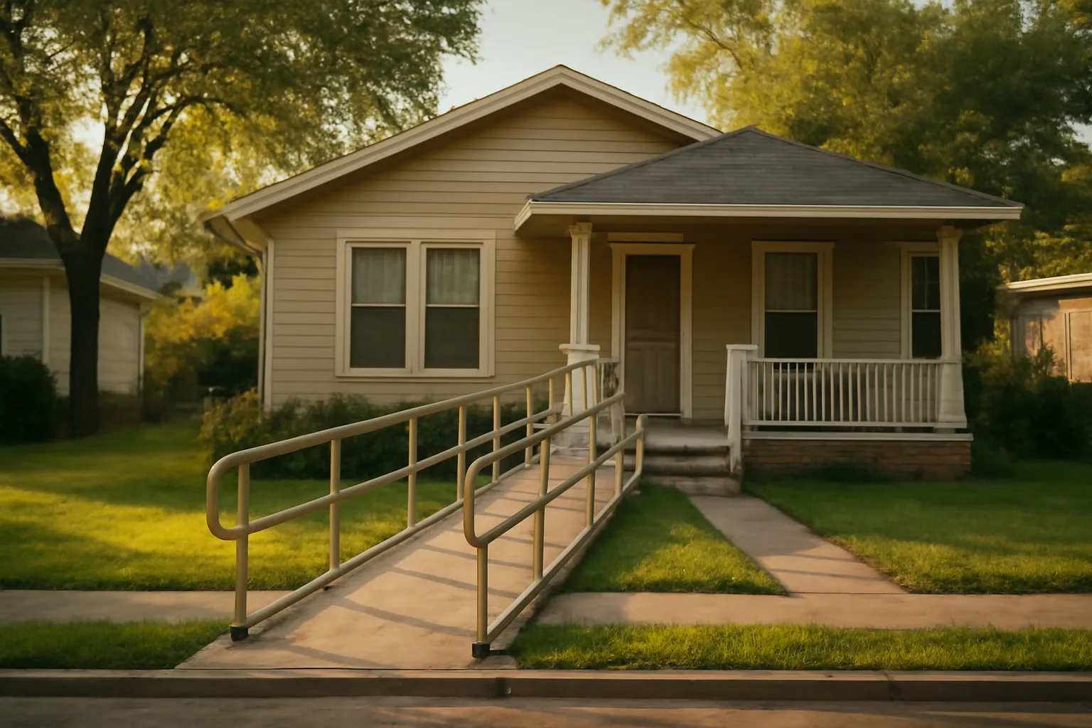 Single-story residential home with wheelchair ramp representing a group home application property
