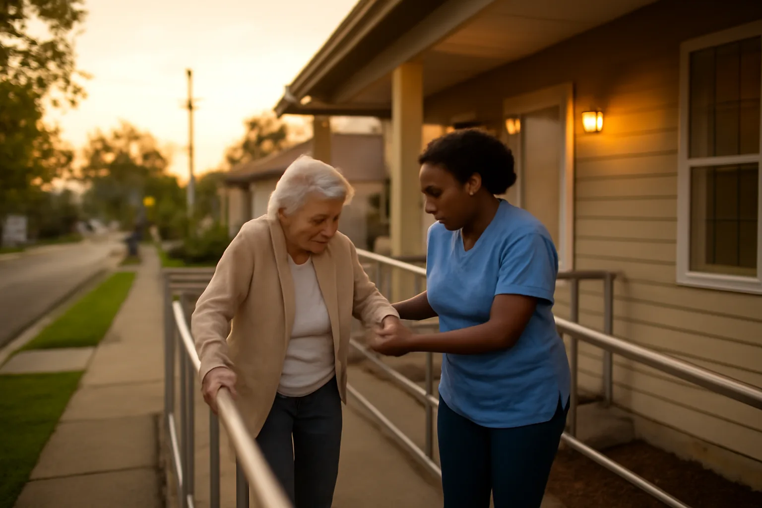 Caregiver helping resident up ramp outside a licensed group home business