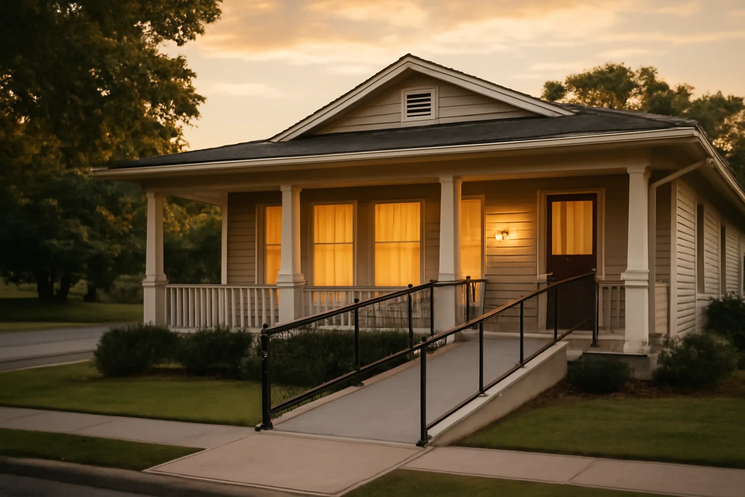 Renovated residential home with wheelchair ramp representing a licensed group home business