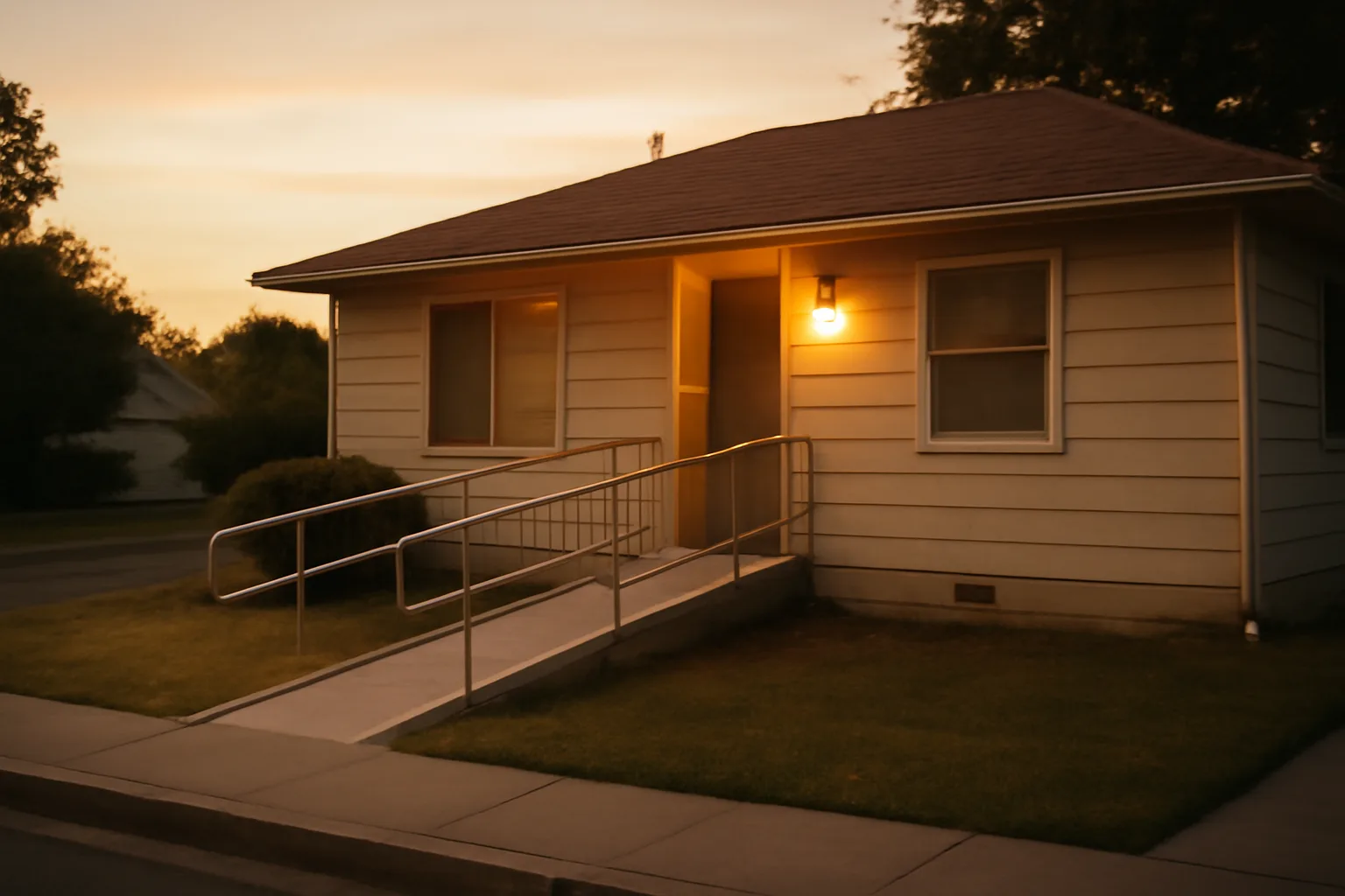 Single-story residential group home with wheelchair ramp at golden hour