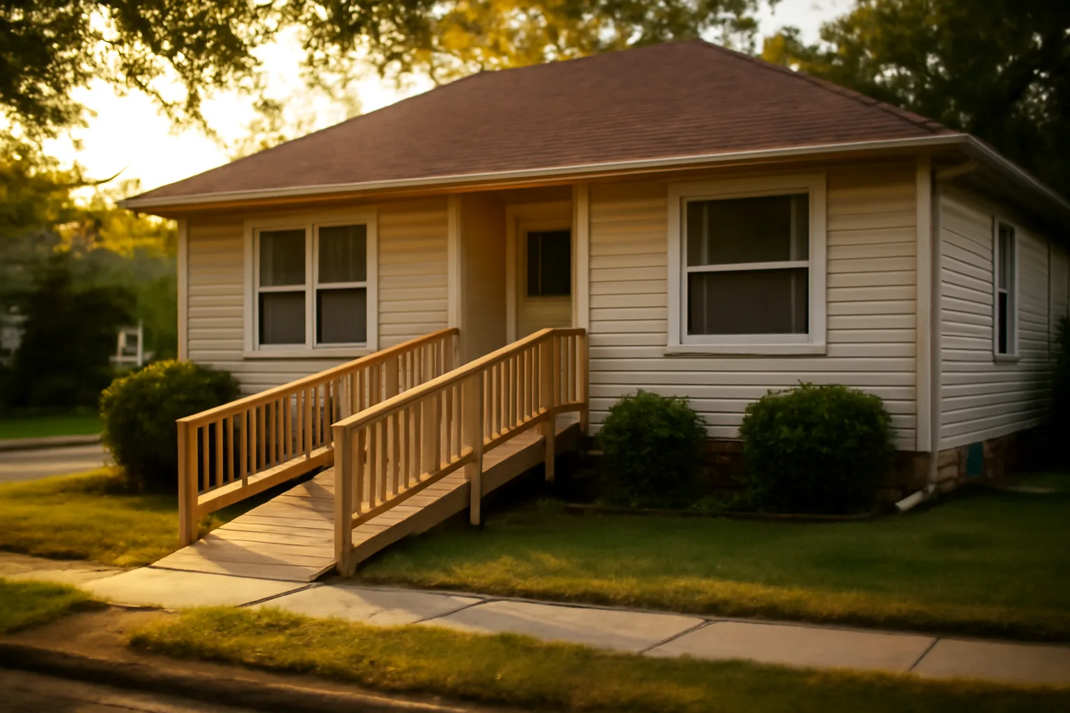 Single-story residential house with a wheelchair ramp, illustrating a licensed group home