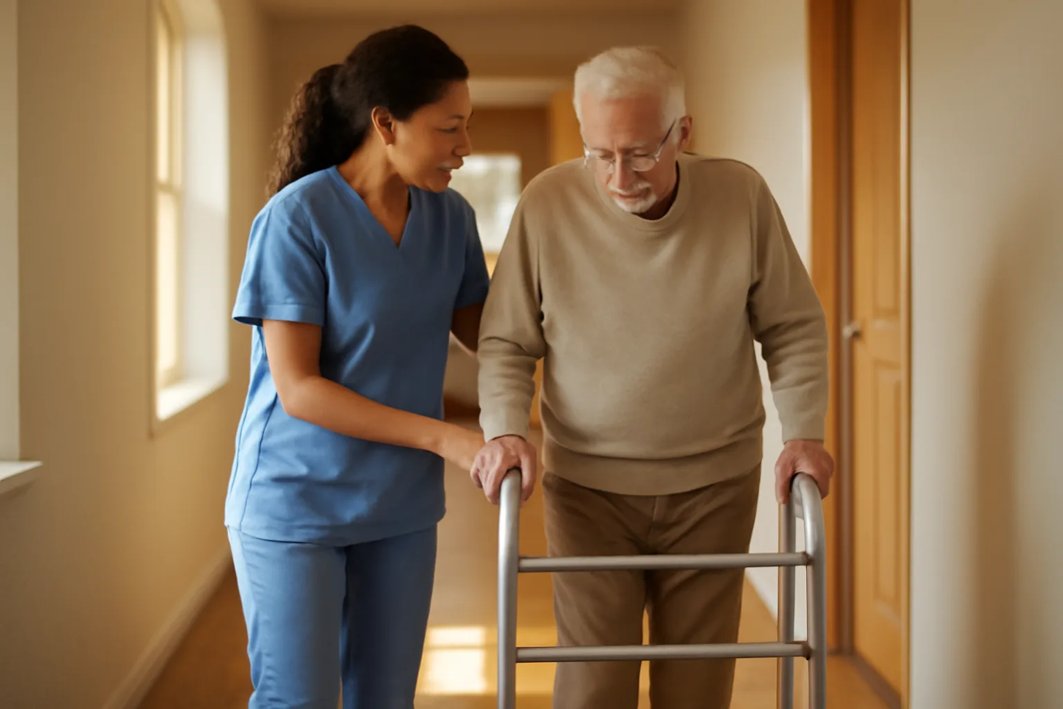 Caregiver assisting an older resident walking down a group home hallway