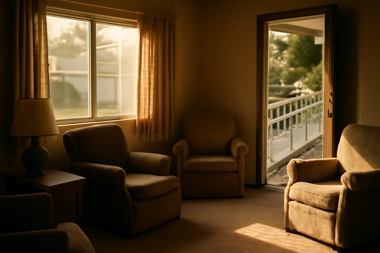 Living room of a residential group home for special needs with wheelchair ramp visible