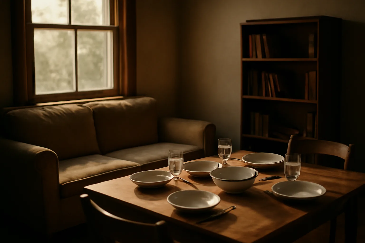 Empty living room in a residential group home setting at late afternoon