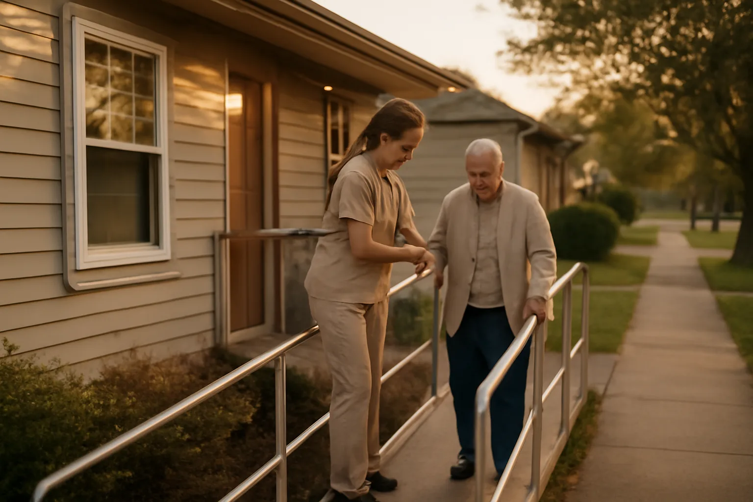 Caregiver assisting a resident up the ramp of a licensed group home at dusk