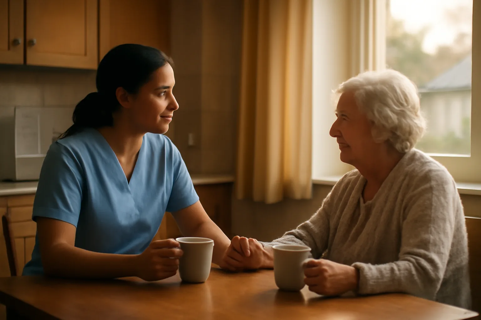 Caregiver and resident at a kitchen table in a licensed group home setting