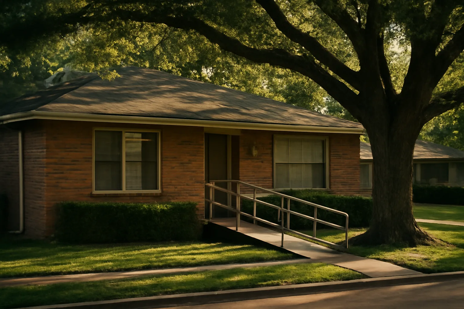 Brick residential home in Houston with wheelchair ramp representing a licensed group home