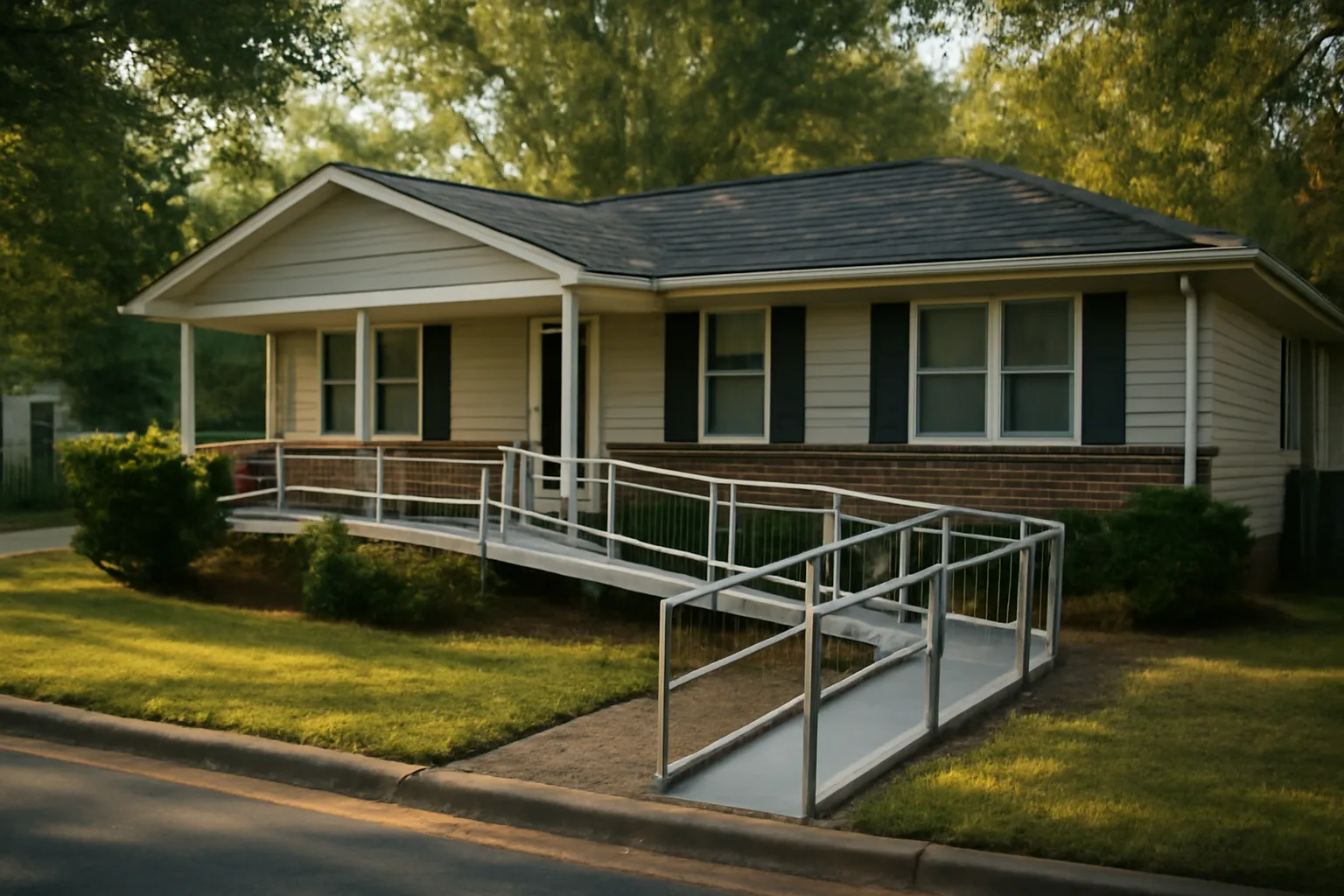Ranch-style house with wheelchair ramp representing a group home in Georgia