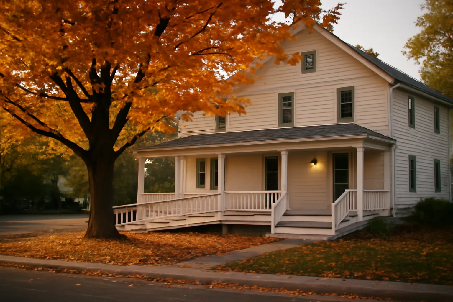 New England group home exterior with porch ramp in autumn evening light