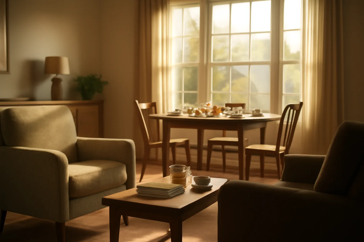 Sunlit common room inside a licensed group home in Michigan residential neighborhood