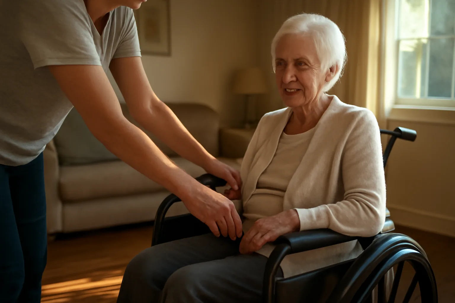 Caregiver assisting a resident in a converted ranch-style group home living room