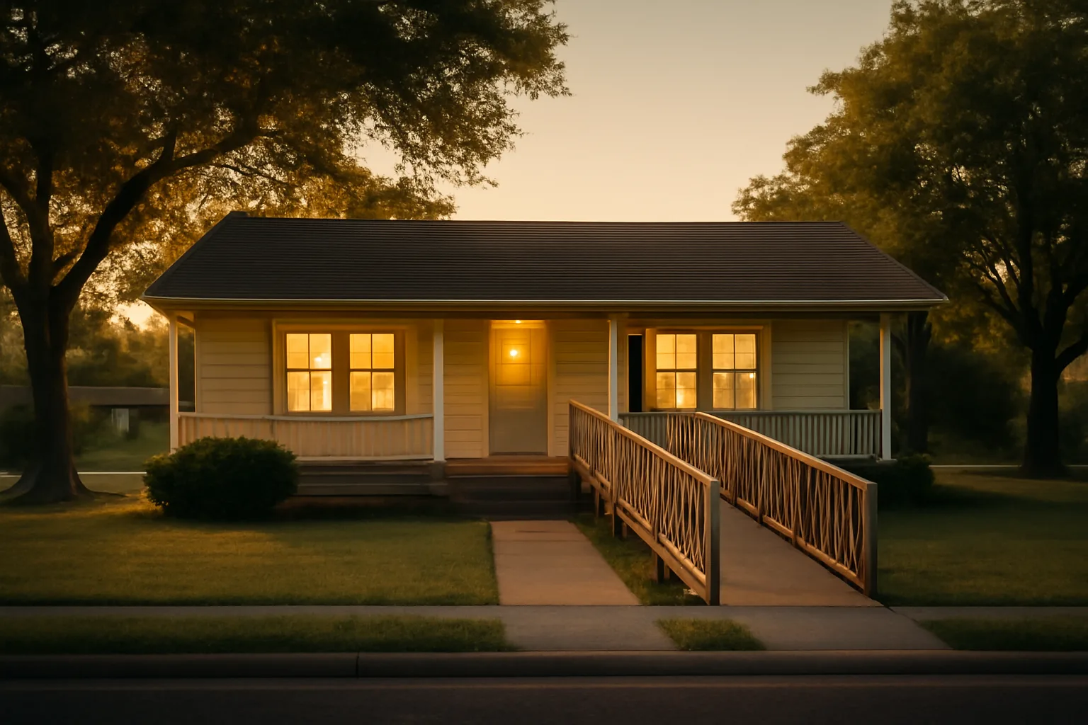 Single-story residential house with wheelchair ramp representing a Texas group home