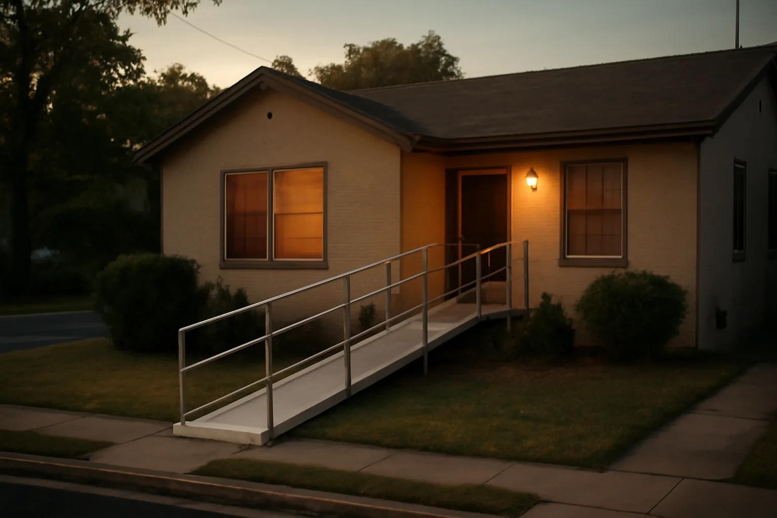Single-story residential house with wheelchair ramp representing a licensed group home