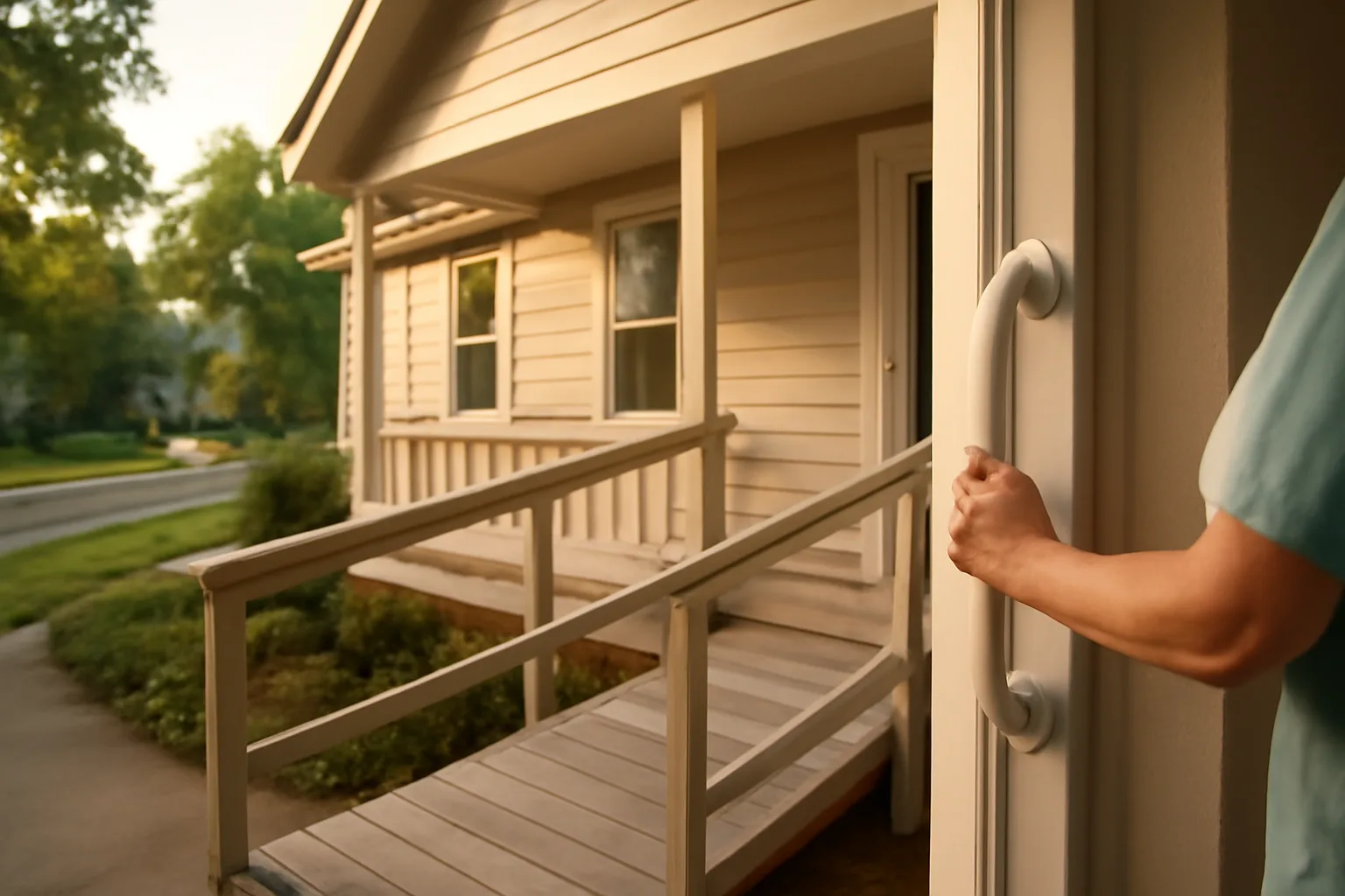 Residential group home exterior with ramp, representing the group home licensing application process