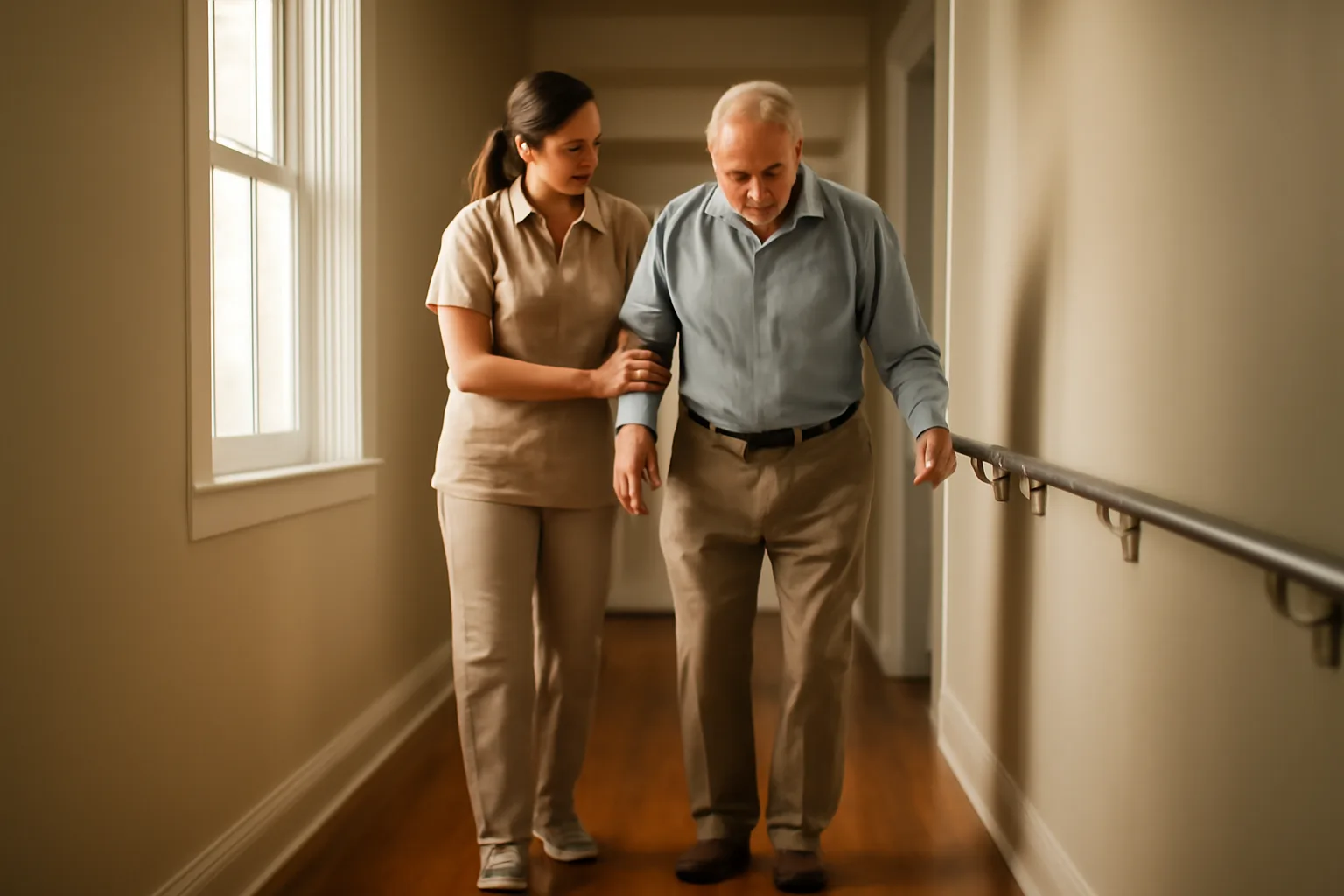 Caregiver assisting a senior resident down a hallway in a licensed Nevada group home