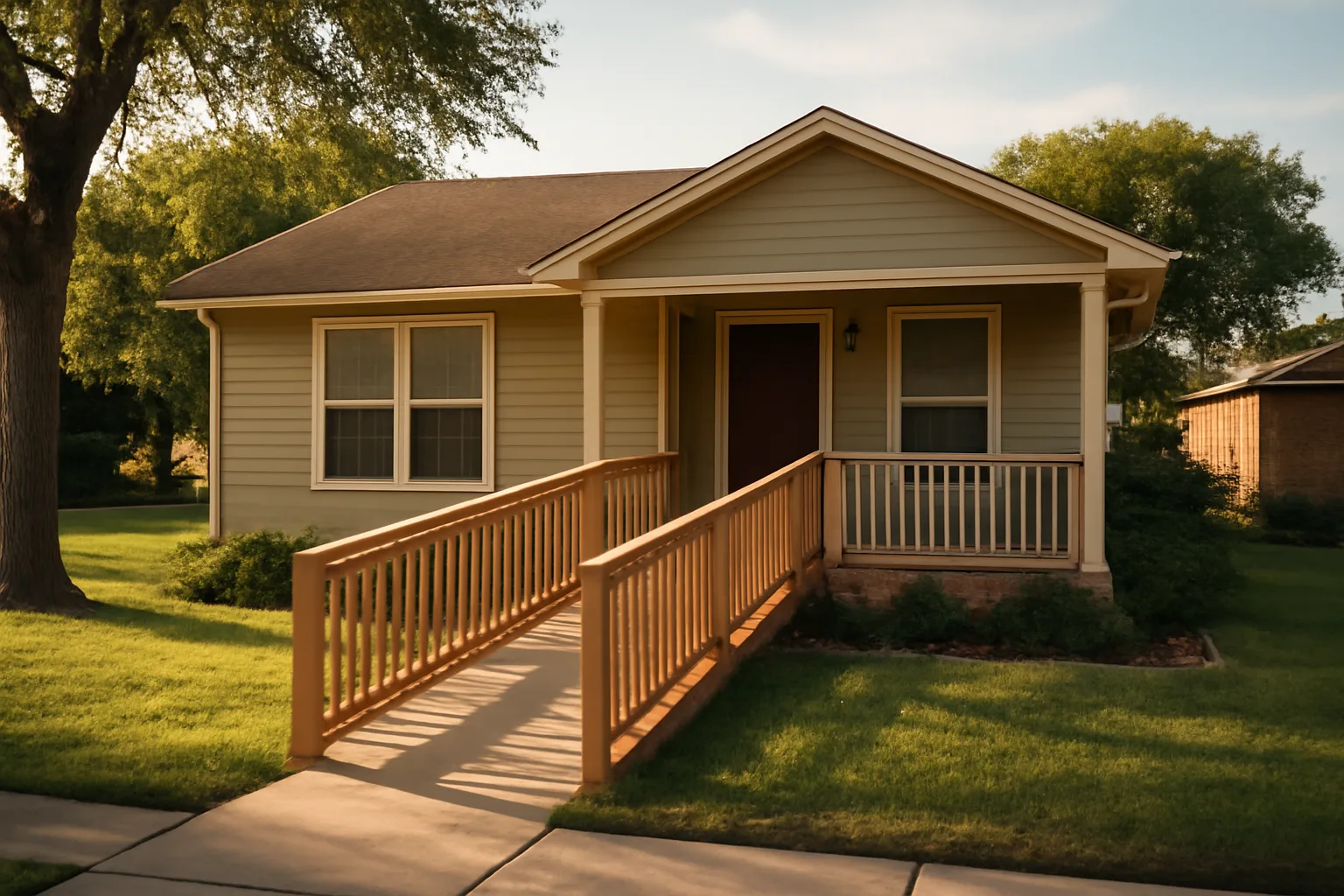 Single-story ranch house with wheelchair ramp representing group home licensing in Texas