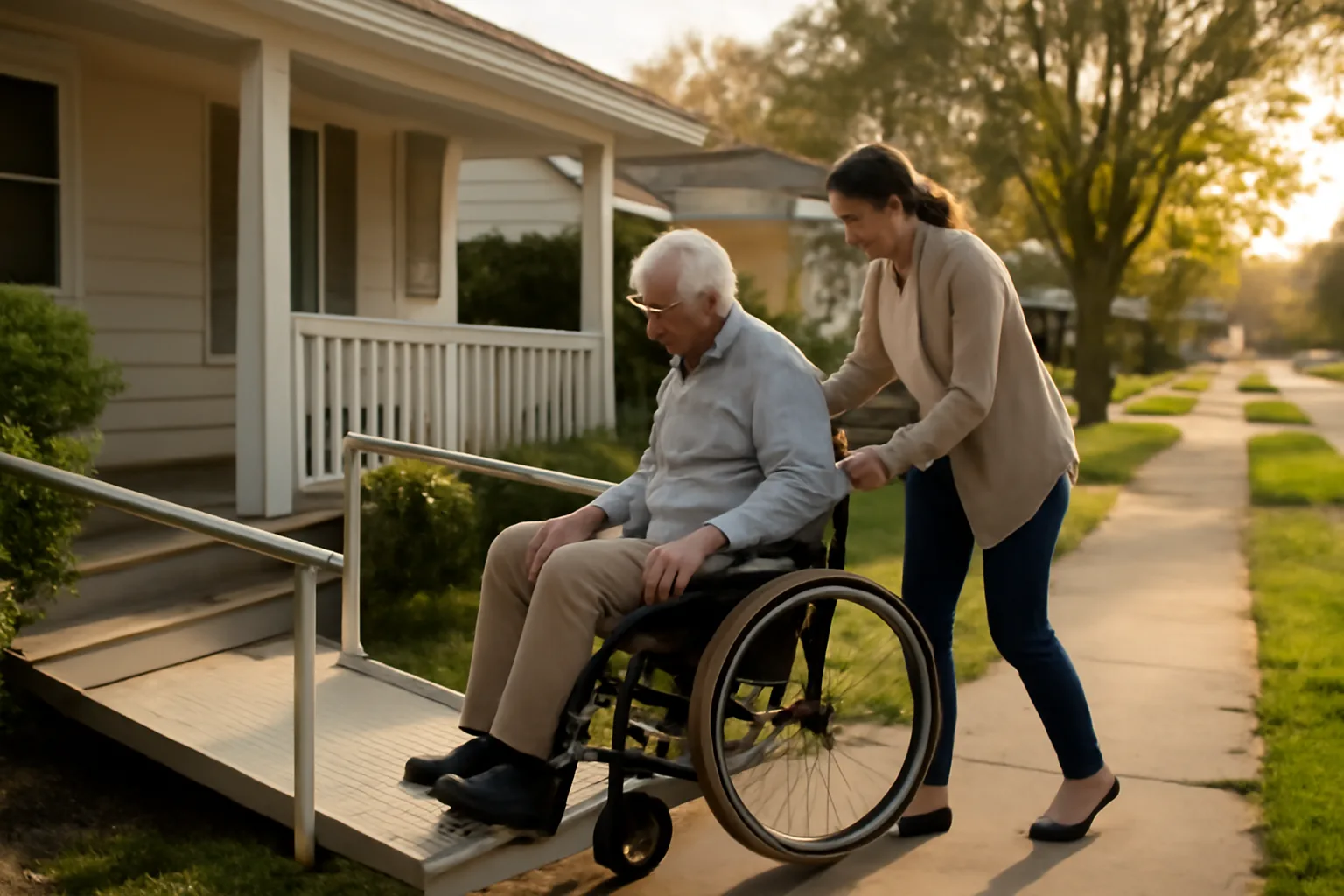Caregiver assisting a senior down a ramp outside a licensed group home