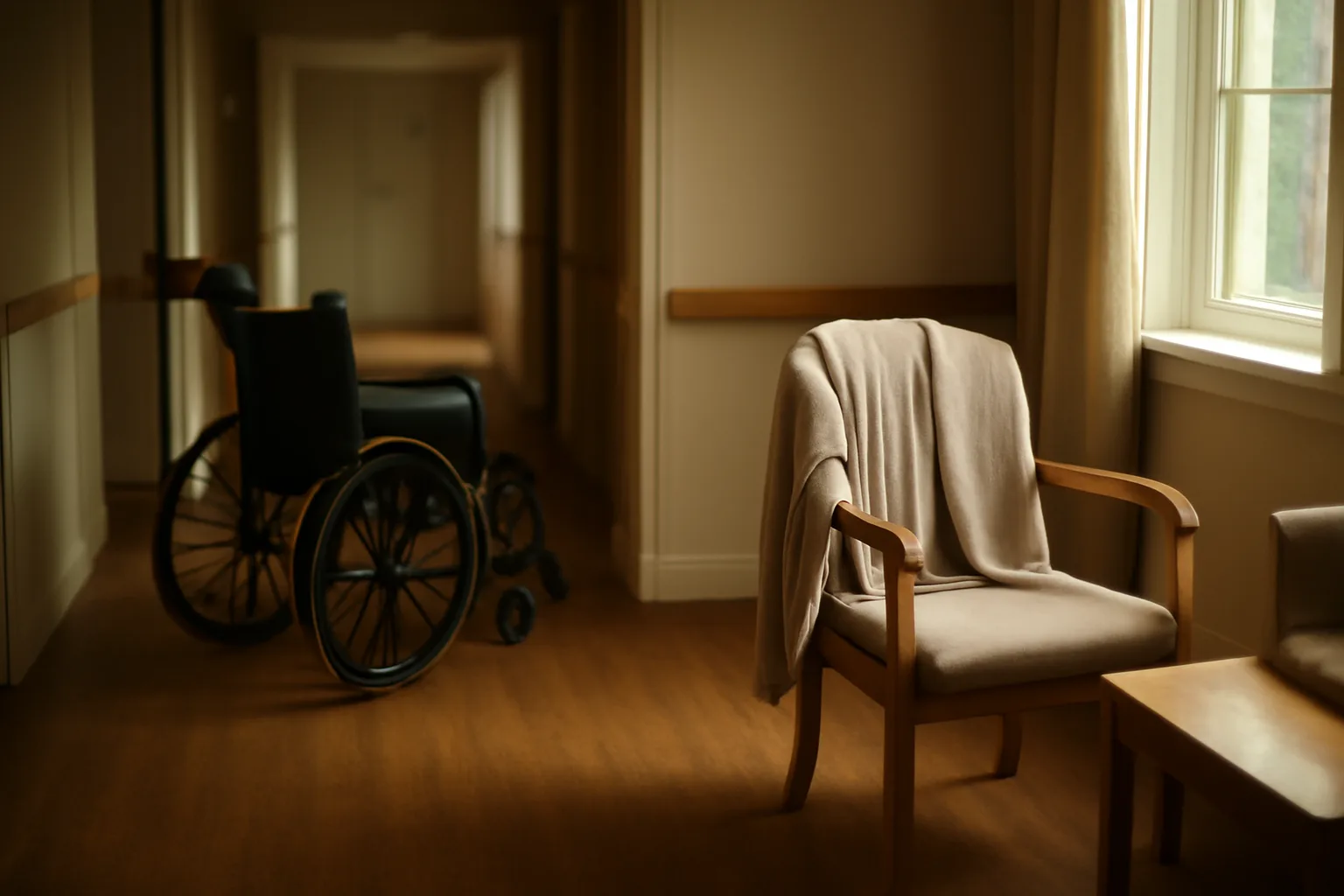 Sunlit hallway and common room inside a licensed group home care facility