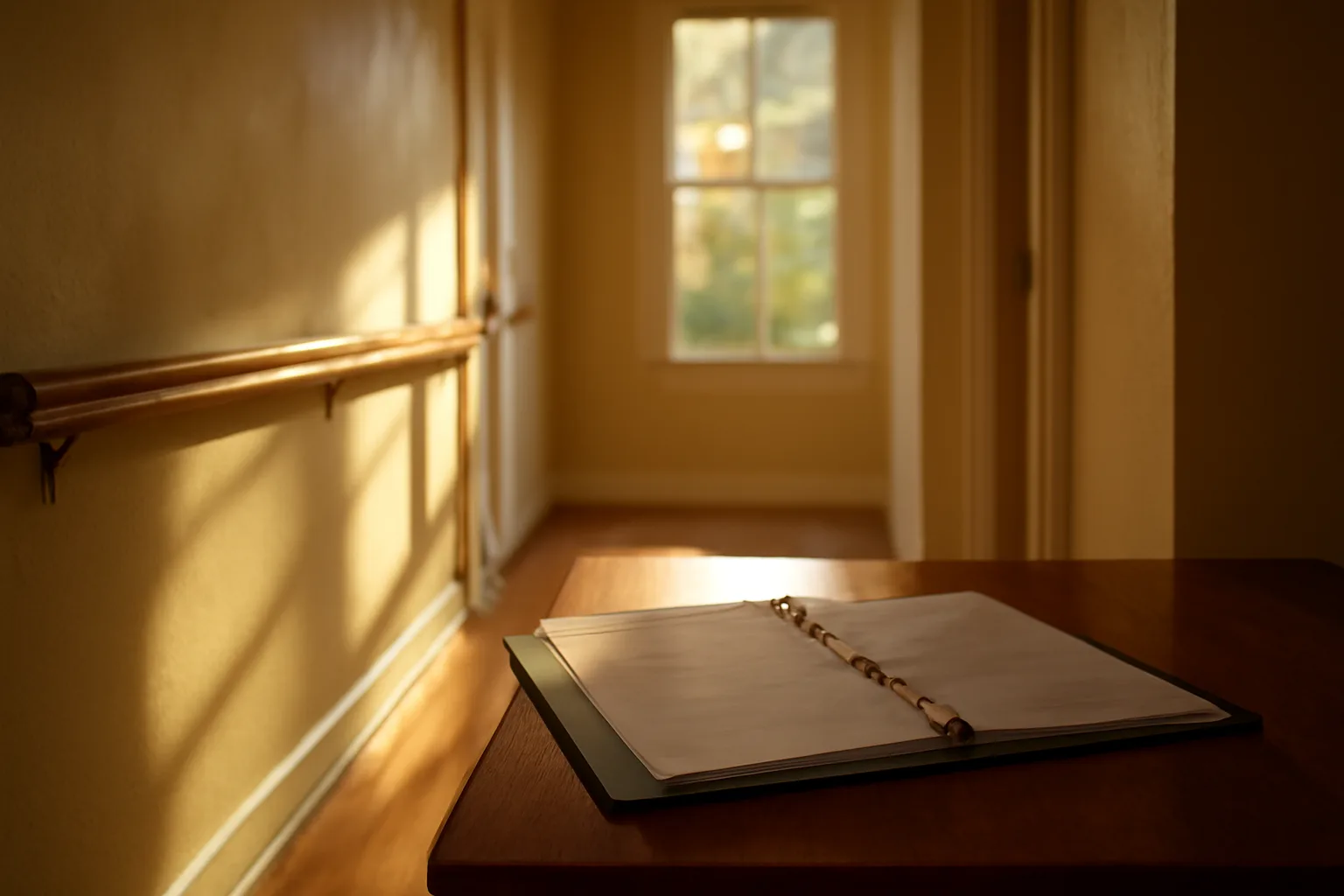 Sunlit hallway with handrails in a residential group home setting