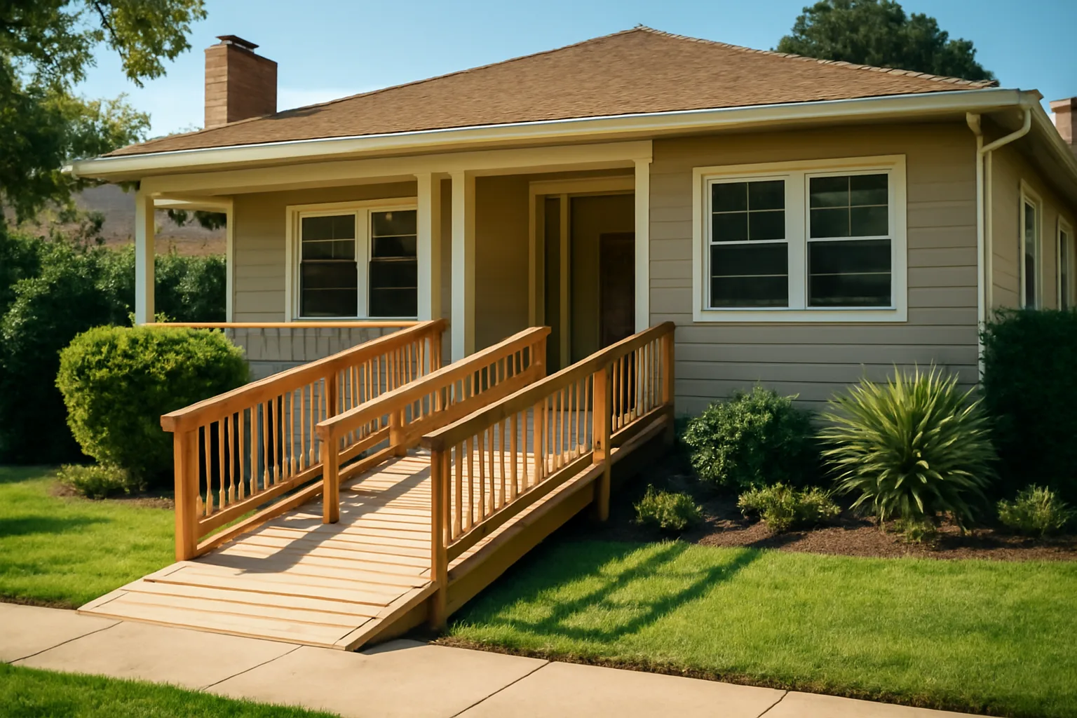 California residential group home exterior with wheelchair ramp and porch in morning light