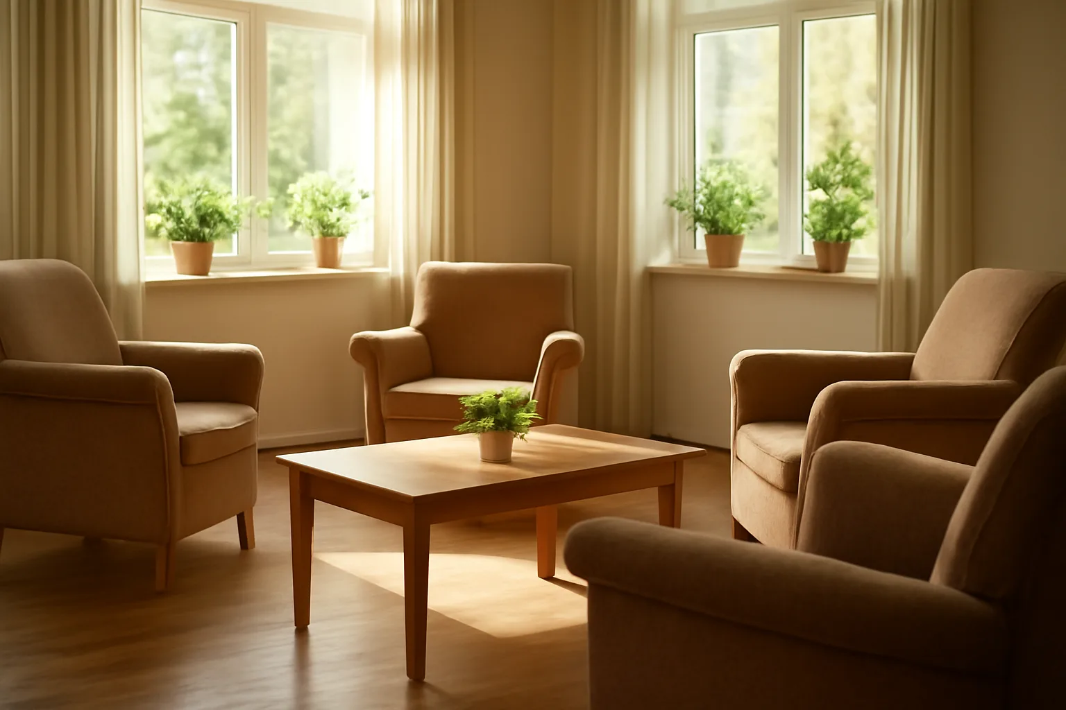 Bright assisted living facility common room with seating and natural light in Florida