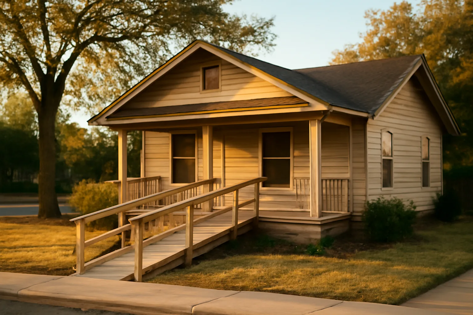 Single-story residential group home with wheelchair ramp on a Texas suburban street