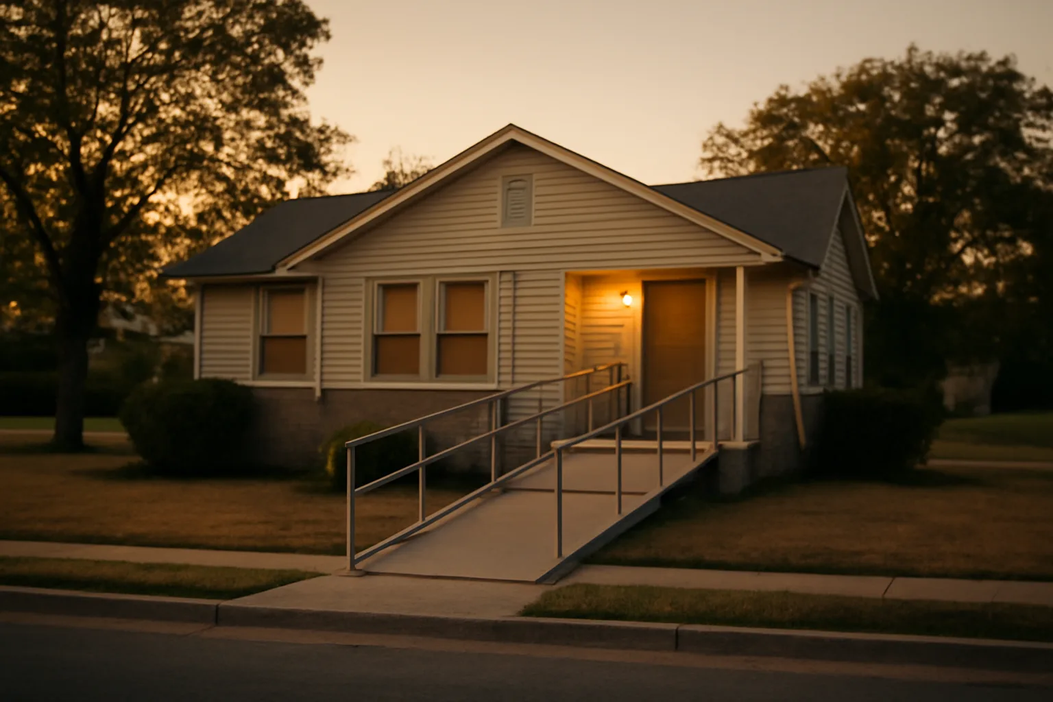 Single-story residential house with wheelchair ramp representing group home requirements in Texas