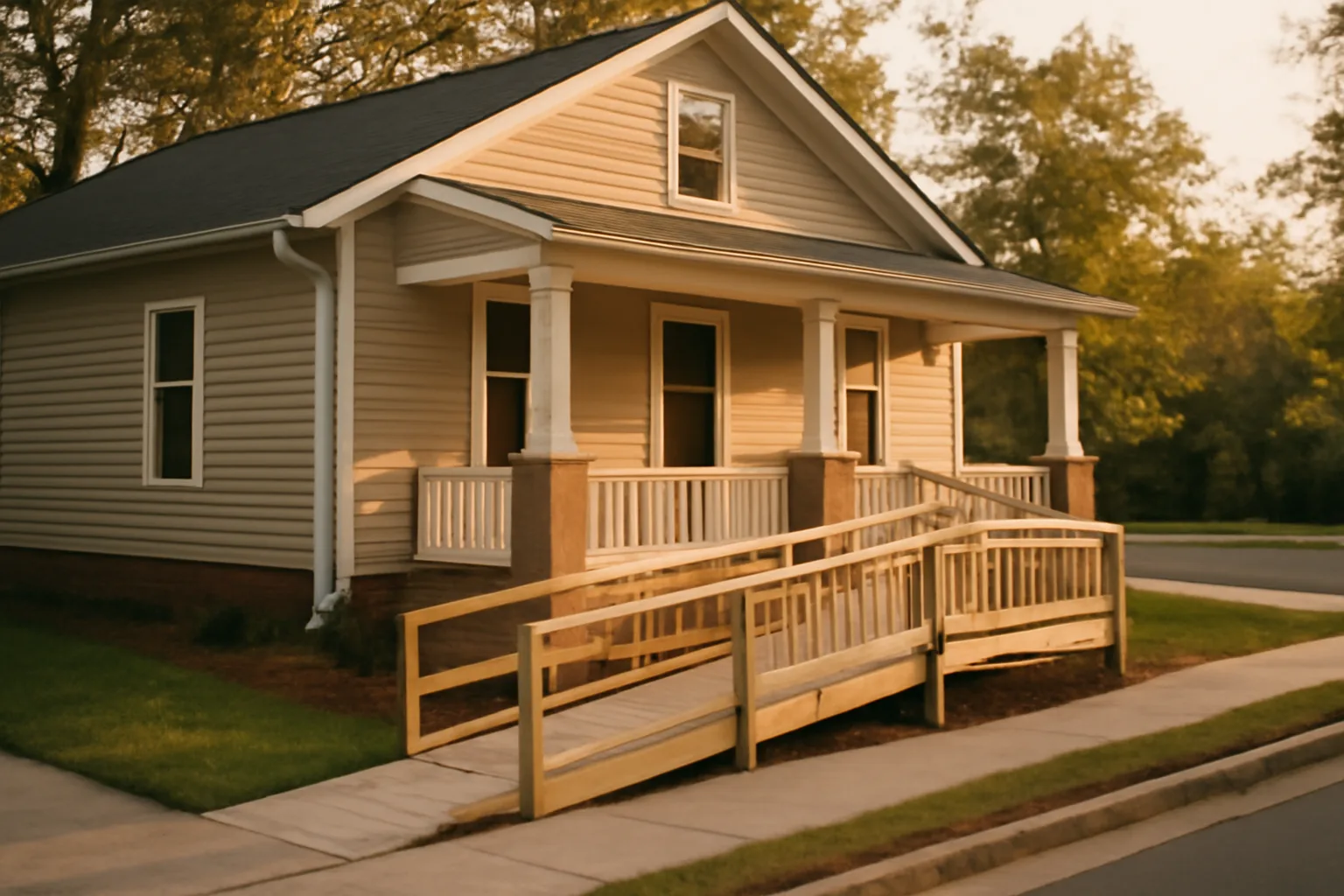Residential house with wheelchair ramp representing group home requirements for licensing