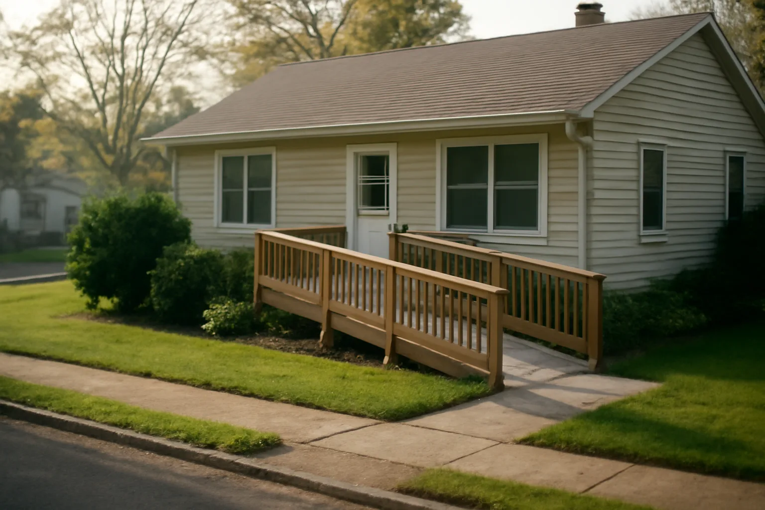 Residential house with wheelchair ramp representing group home rules and licensing
