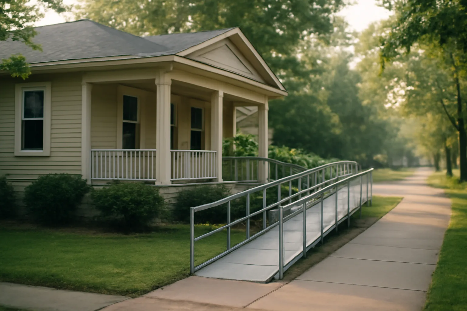 Residential house with wheelchair ramp representing a group home start-up property