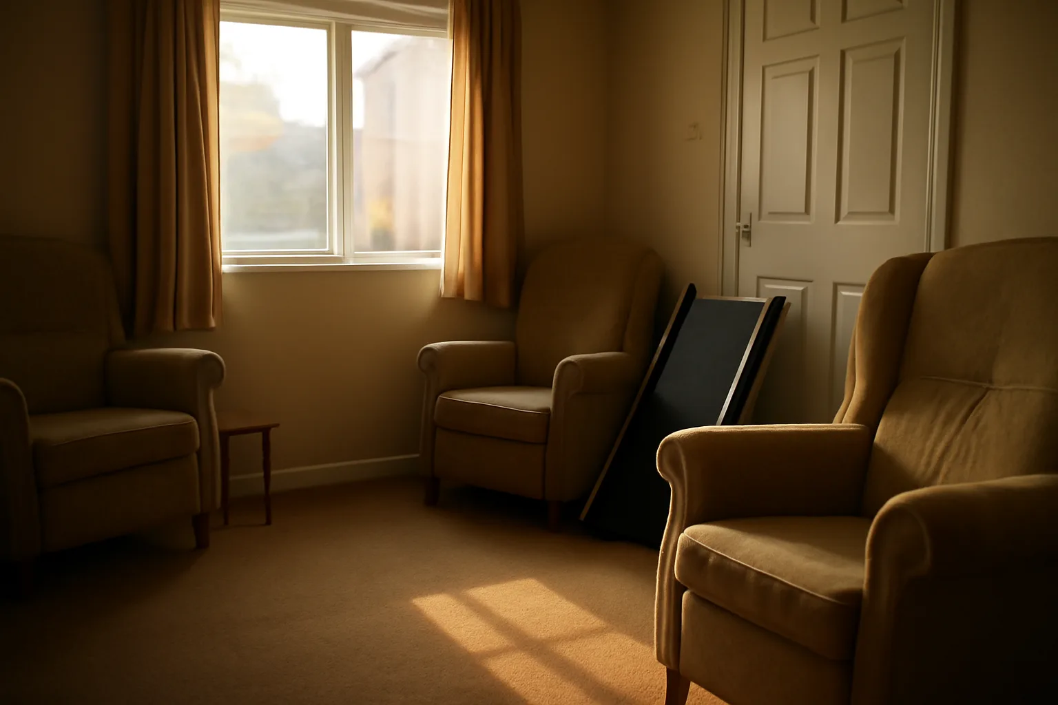 Empty residential living room being prepared for a group home startup with morning light